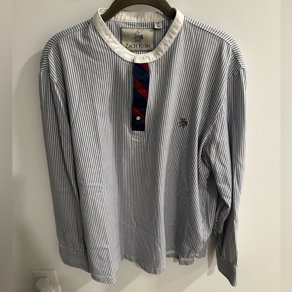 Zach Ryan Band-Collar Shirt in Blue Stripe, size: L - Picture 1 of 3